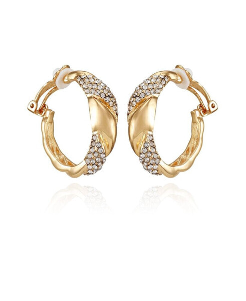 Gold-Tone Woven Glass Stone Clip On Hoop Earrings