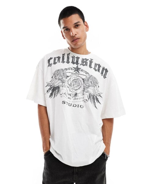 COLLUSION Oversized skate fit t-shirt with rose tattoo design in white