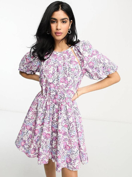 French Connection puff sleeve cotton mini dress in floral