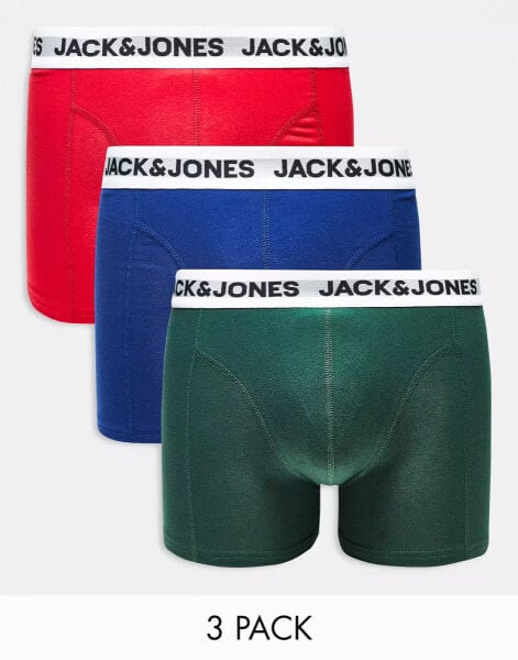 Jack & Jones 3 pack trunks with white logo waistband in multi