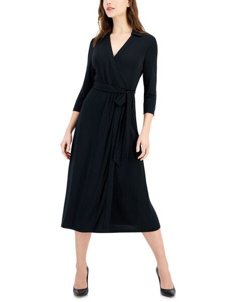 Women's Faux-Wrap Collared Midi Dress