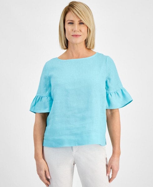 Petite Boat Neck Bell-Sleeve 100% Linen Top, Created for Macy's