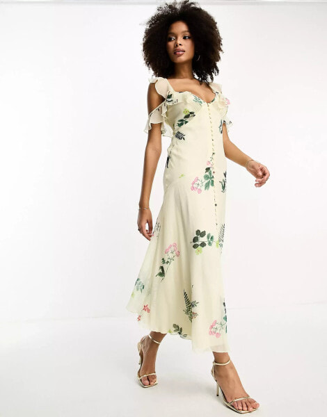 ASOS DESIGN – Mehrfarbiges Midaxikleid mit Zitronen-Blumenprint, Knöpfen, Rüschen und Flatterärmeln