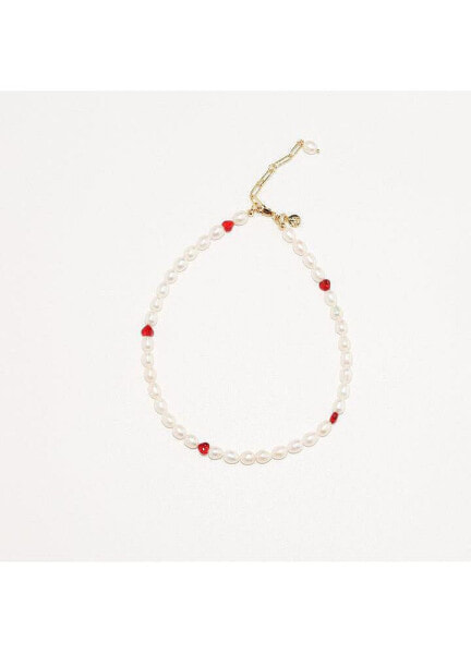 18K Gold Plated Freshwater Pearls with Charming Red Hearts - Akari Choker For Women