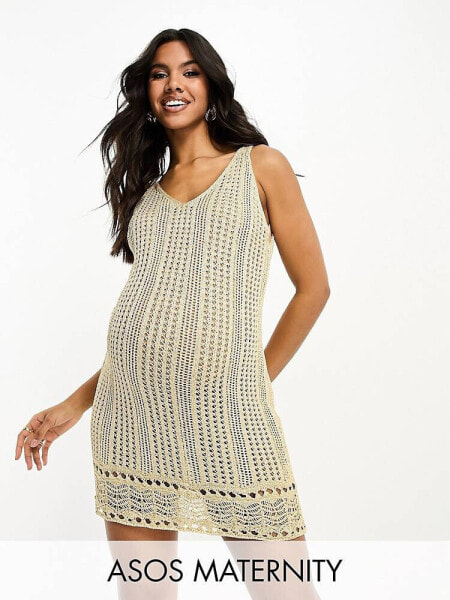 ASOS DESIGN Maternity crochet mini dress in metallic gold 