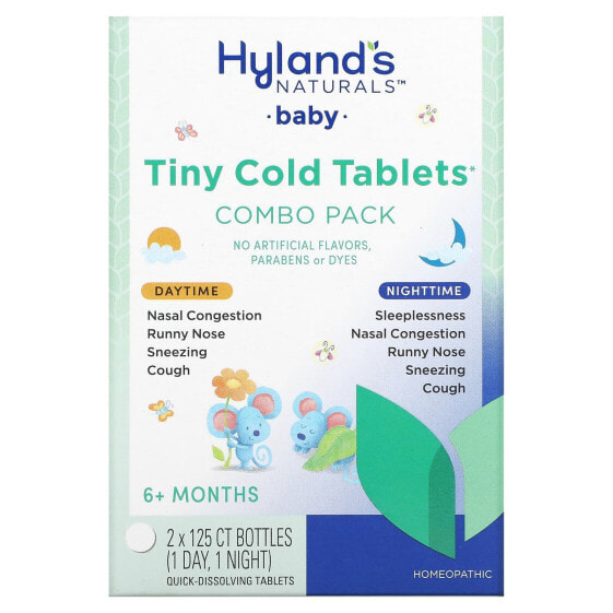 Комплект таблеток от простуды для младенцев Hyland's Naturals, Дневное/ночное, 6+ месяцев, 2 бутылки, 125 быстрорастворимых таблеток в каждой
