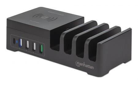 Manhattan Charging Station with Wireless Charging Pad (detachable), 1x Wireless, 1x USB-C and 4x USB-A Ports, Wireless Output: 2A, USB-C Output: 3A, USB-A Outputs: 1x 3A and 3x 2.4A max, Cable 1m, Black (Power Cable: Euro 2-pin plug to C7 figure-of-8 connector), Black, CE FCC WEEE ETL, 100 - 240 V, 1 A, 169 mm, 83 mm