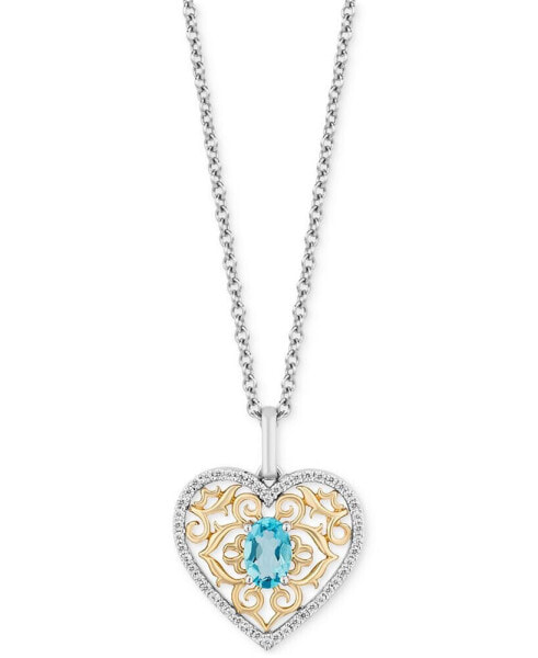 Enchanted Disney Fine Jewelry swiss Blue Topaz (5/8 ct. t.w.) & Diamond (1/6 ct. t.w.) Princess Heart Filigree Pendant Necklace in Sterling Silver & 10k Gold, 16" + 2" extender