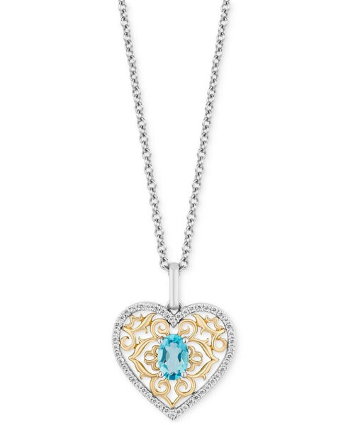 Swiss Blue Topaz (5/8 ct. t.w.) & Diamond (1/6 ct. t.w.) Princess Heart Filigree Pendant Necklace in Sterling Silver & 10k Gold, 16" + 2" extender