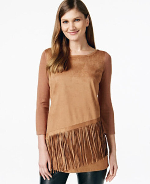 INC International Concepts Women's Faux Suede Fringe Sweater Camel M