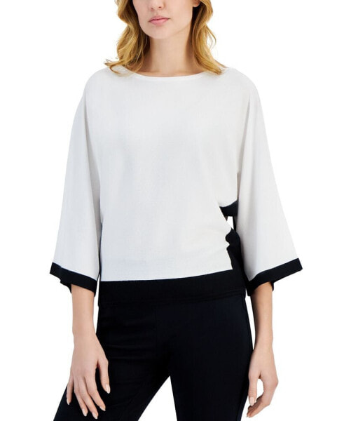 Women's 3/4-Dolman-Sleeve Contrast-Trim Crewneck Sweater