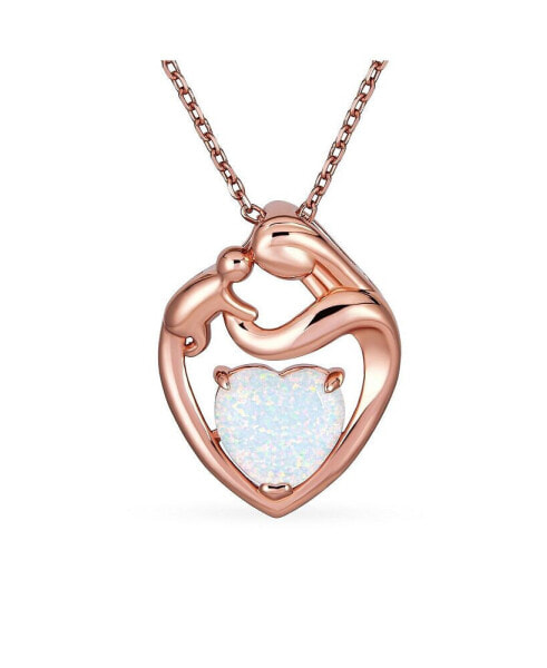 Gemstone Family Parent New Mother Created White Opal Heart Shaped Mom Loving Son Child Daughter Necklace Pendant Rose Gold Plated Sterling Silver