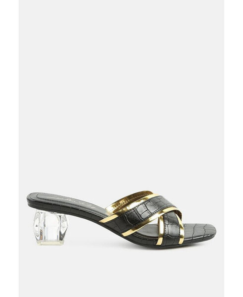 stellar gold line croc sculpted heel sandals