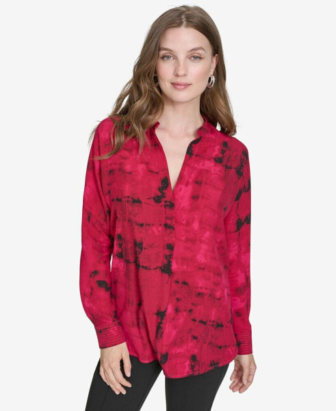 Women's Printed Mandarin-Collar Button-Up Blouse