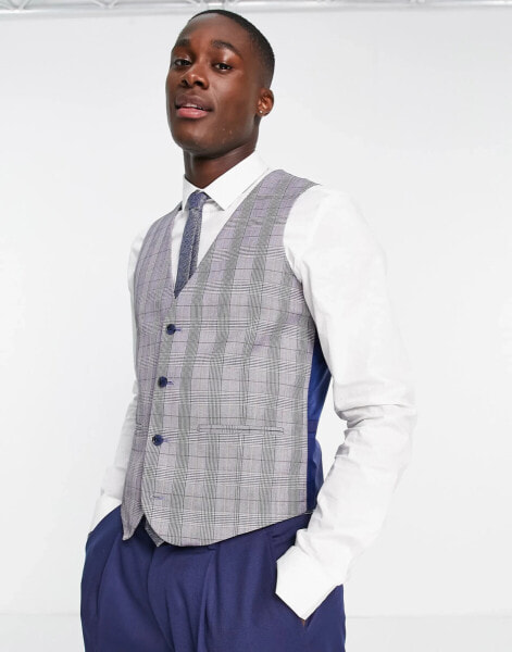 Harry Brown skinny fit suit waistcoat in blue & orange check