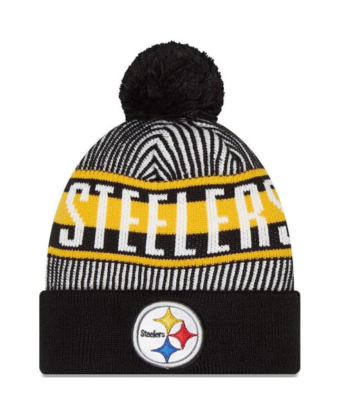 Youth Boys Black Pittsburgh Steelers Striped Cuffed Knit Hat with Pom