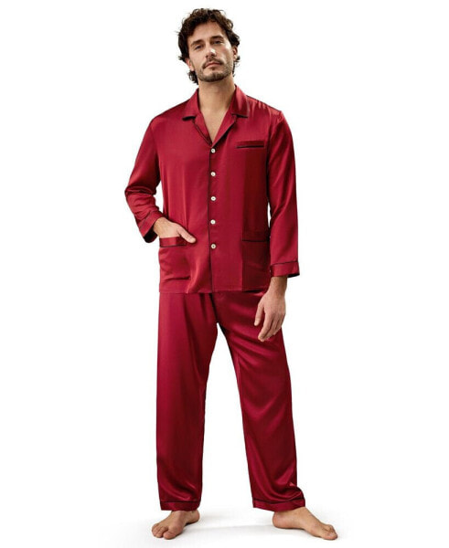 Men's 22 Momme Long Silk Pajamas Set with Contrast Trim for Men