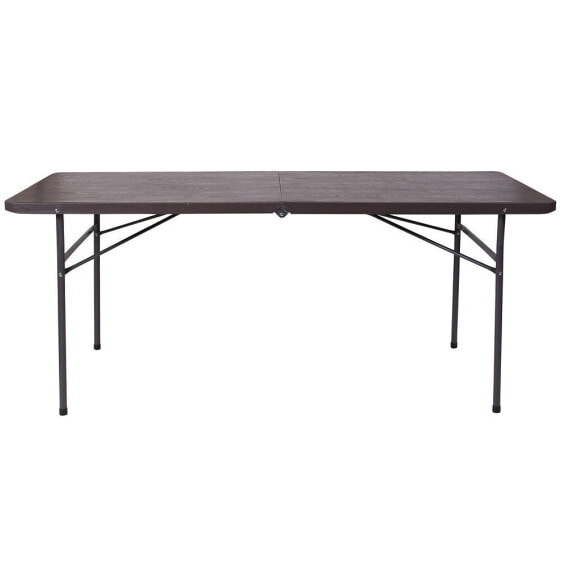 30''W X 72''L Bi-Fold Brown Wood Grain Plastic Folding Table With Carrying Handle