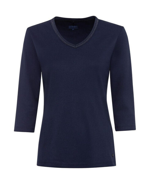 Women's 100% Organic Cotton 3/4 Sleeve Embellished V-Neck T-Shirt