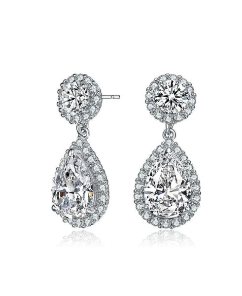 Sterling Silver with Rhodium Plated Clear Pear and Round Cubic Zirconia with Halo Drop Earrings