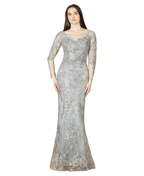 Women's Boat Neck Long Sleeve Fitted Lace Gown