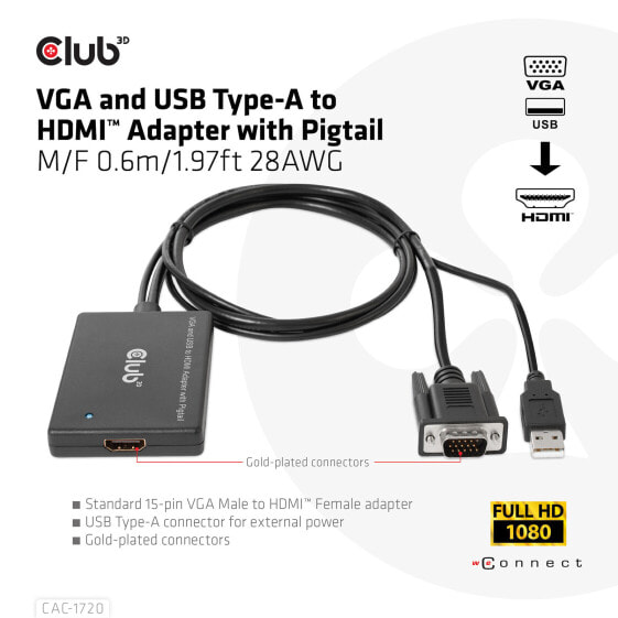 Адаптер HDMI и USB Type-A к VGA с пигтейлом M/F 0,6м/1,97фт 28AWG - 0,6 м - HDMI Type A (Стандарт) - VGA (D-Sub) + USB - Женский - Мужской - Прямой Club 3D