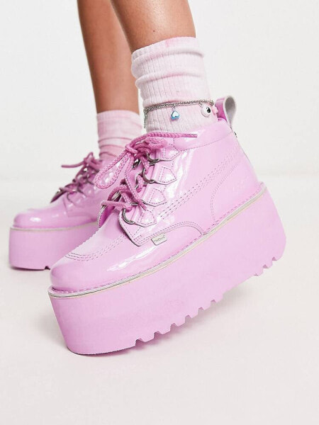 Kickers Kick platform boots in pink holographic patent 