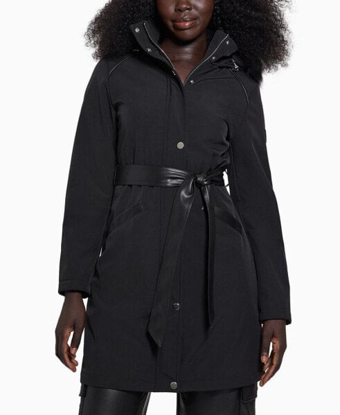 Women's Faux-Fur-Trim Hooded Belted Raincoat