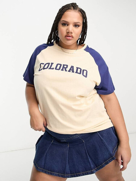 Daisy Street Plus relaxed raglan t-shirt with embroidered colorado graphic