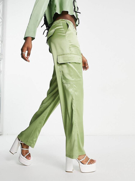 Signature 8 satin straight leg cargo trousers in green