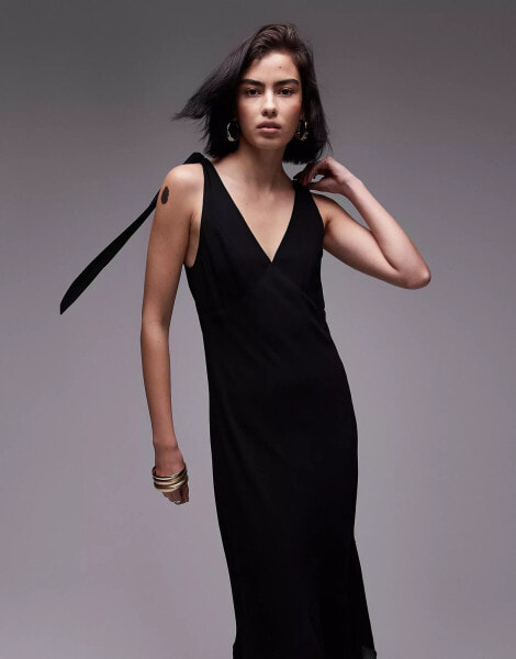 Topshop tie shoulder midi dress in black