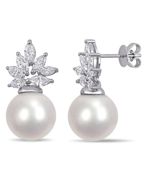 South Sea Cultured Pearl (11-12mm) and Diamond (1 1/2 ct. t.w.) Cluster Earrings in 14k White Gold