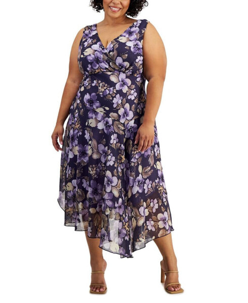 Plus Size Printed Surplice-Neck Handkerchief-Hem Dress