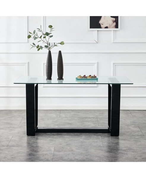 Glass Dining Table Large Modern Minimalist Rectangular for 6-8 with 0.4" Tempered Glass Tabletop and Black MDFTrapezoid Bracket, For Kitchen Dining Living Meeting Room Banquet Hall