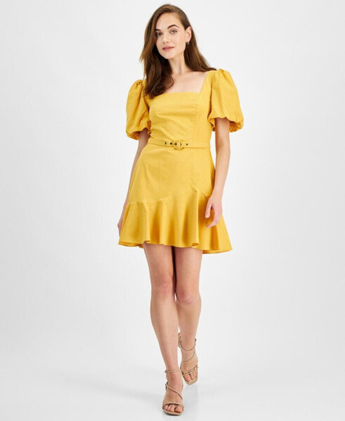 Juniors' Cotton Balloon-Sleeve Belted Mini Dress