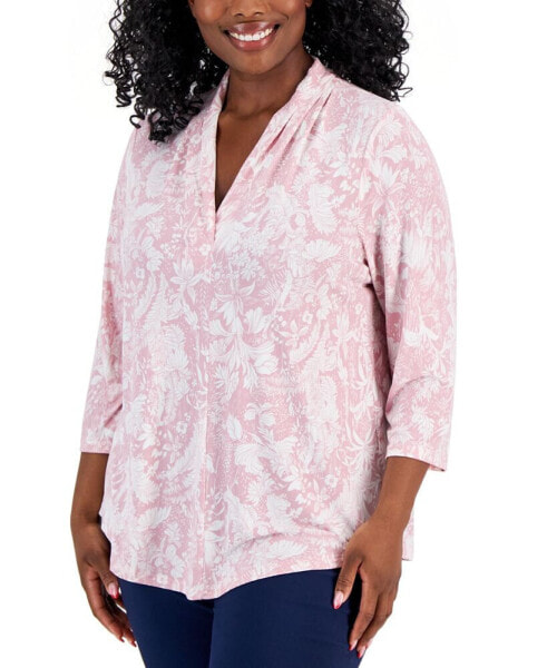 Plus Size Floral-Print Front-Pleat Top, Created for Macy's