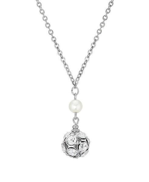 Silver-Tone Imitation Pearl Crystal Fireball Drop 16" Adjustable Necklace