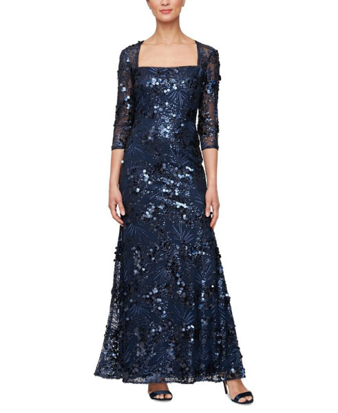 Women's Sequin Embellished Square-Neck 3/4-Sleeve Gown