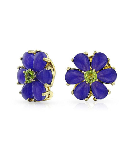 Purple Quartz Garden Flower CZ Clip-On Earrings - Non-Pierced Ears 14K Gold-Plated Sterling Silver Clip Accented with Green CZ - Button-Style Beauty