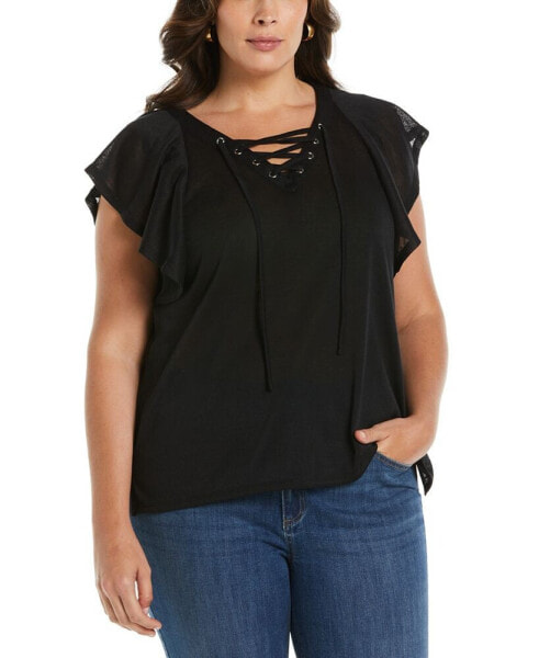 Plus Size Lace-Up Flutter Short Sleeve Top