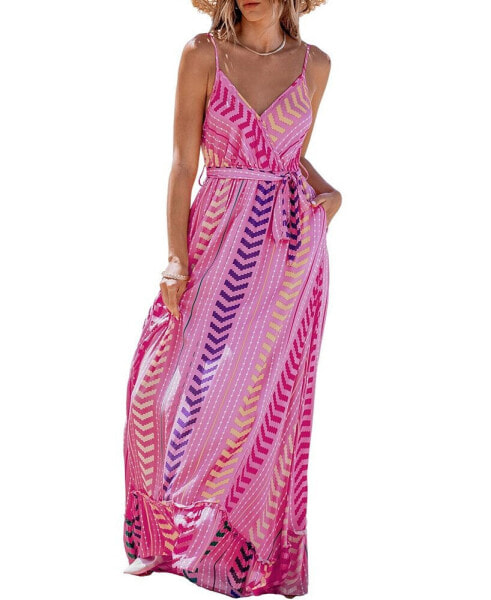 Women's Pink V-Neck Belted Maxi Beach Dress