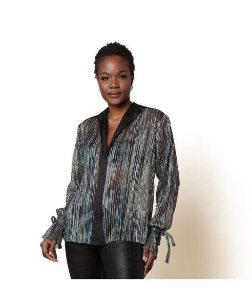 Women's Long Tie Sleeve Rainbow Shimmer Pleated Tuxedo Top