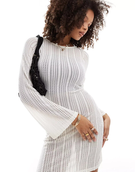 Brave Soul long sleeve mesh knitted dress in off white