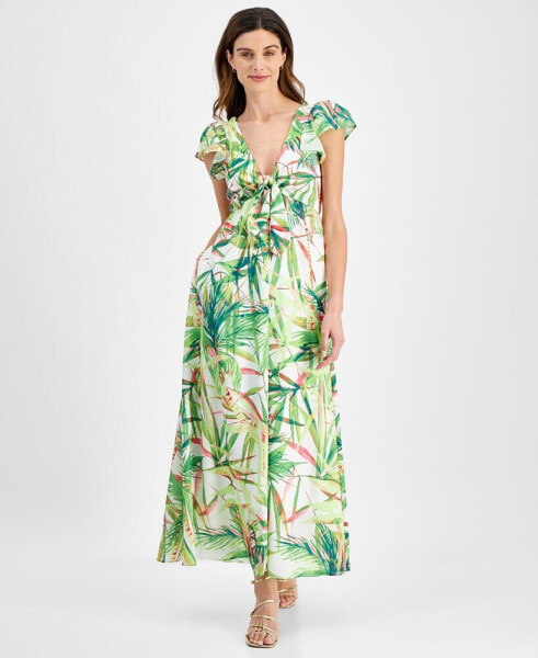 Women's Printed Flutter-Sleeve Maxi Dress