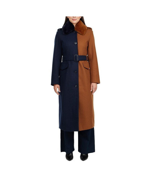 Women's Wool Blend Color Block Coat with Detachable Faux Fur Collar