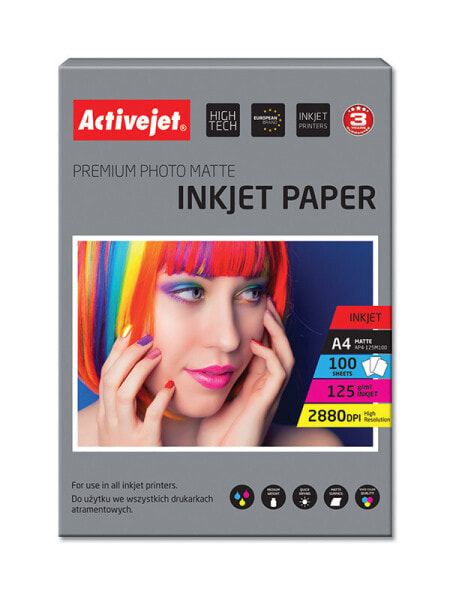 Activejet AP4-125M100 matte photo paper for ink printers; A4; 100 pcs - Matte - 125 g/m² - Inkjet - A4 - 21x29.7 cm - White