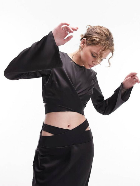 Topshop co-ord wrap waist satin top in black