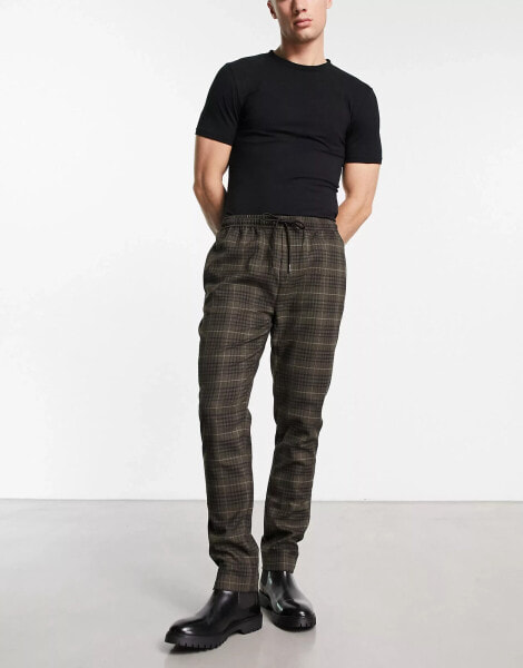 Gianni Feraud slim fit smart trousers with drawstring waist in brown check