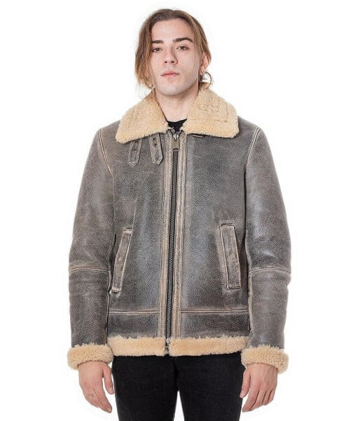 Men's Aviator Jacket, Distressed Grey with Beige Curly Wool