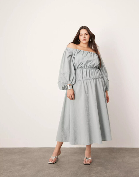 ASOS EDITION Curve bardot pleat detail maxi dress with balloon sleeves in blue